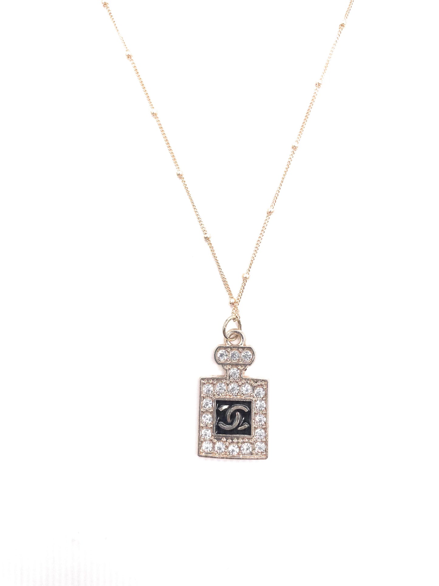 BLACK & GOLD-TONE RHINESTONE CHANEL VINTAGE No 5 PERFUME BOTTLE CHARM NECKLACE