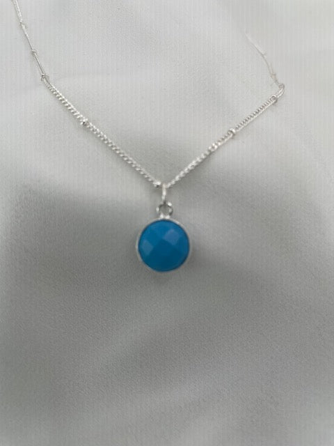 STERLING SILVER SATELLITE CHAIN NECKLACE WITH ROUND TURQUOISE BEZEL