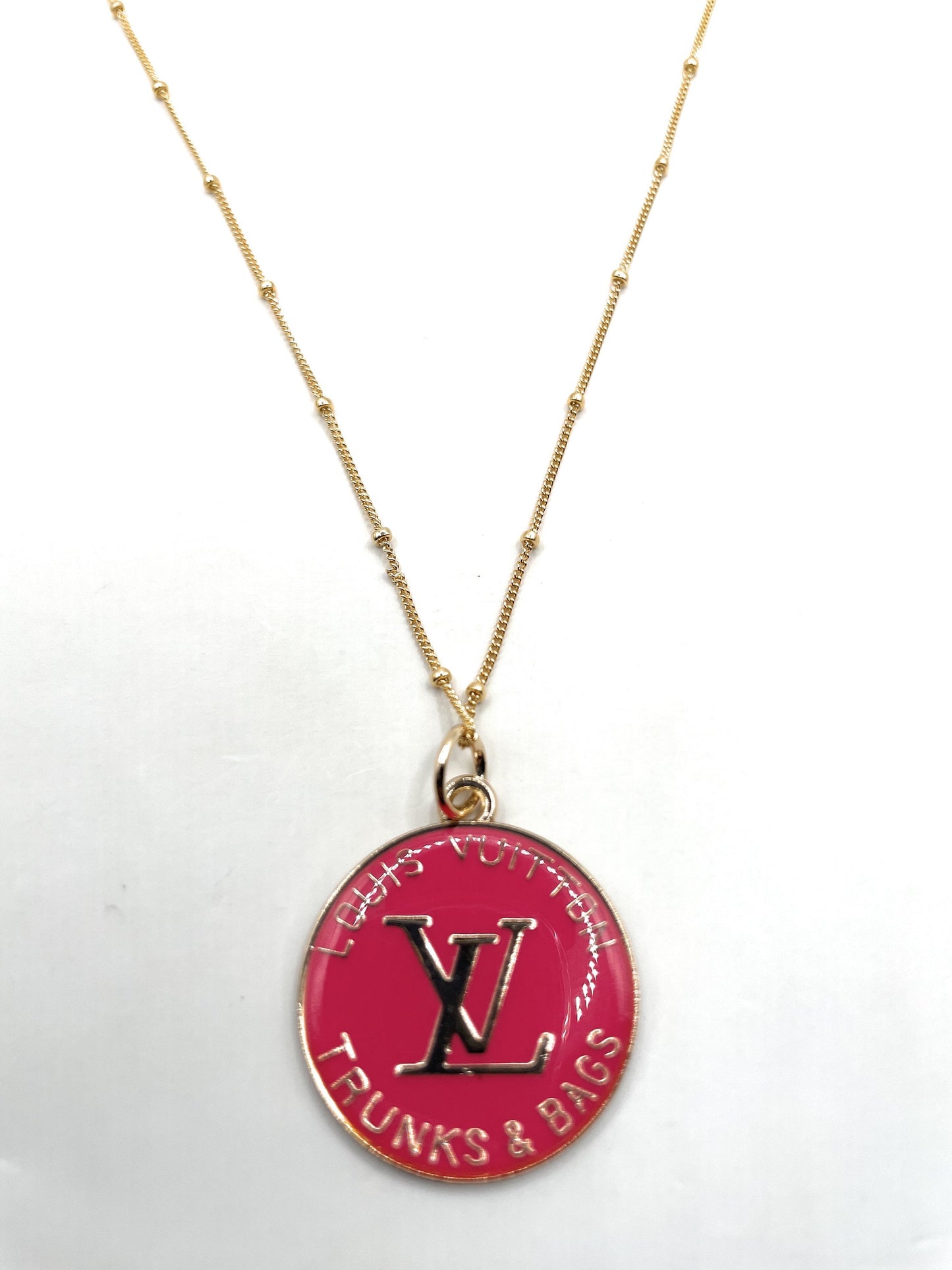 AUTHENTIC LOUIS VUITTON RASPBERRY AND GOLD ZIPPER PULL BUTTON NECKLACE