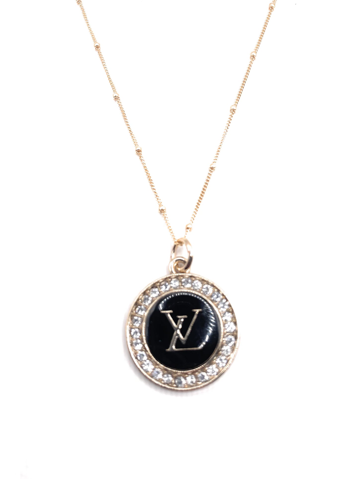 VINTAGE GOLD BLACK AND CZ LOGO BUTTON NECKLACE