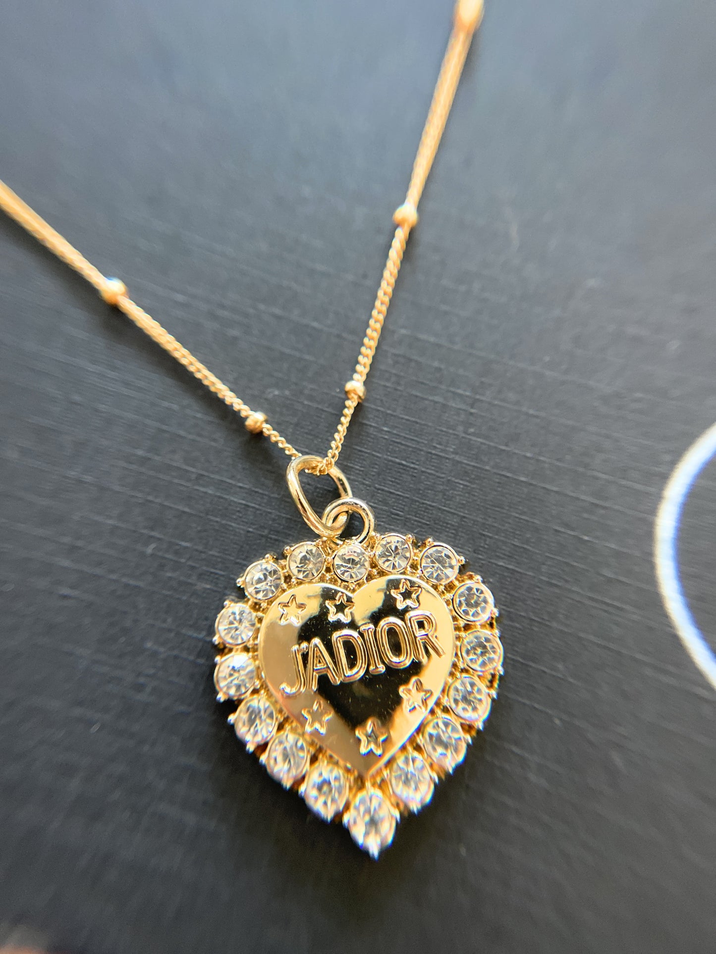 VINTAGE DIOR JADIOR HEART CZ ON SATELLITE CHAIN NECKLACE