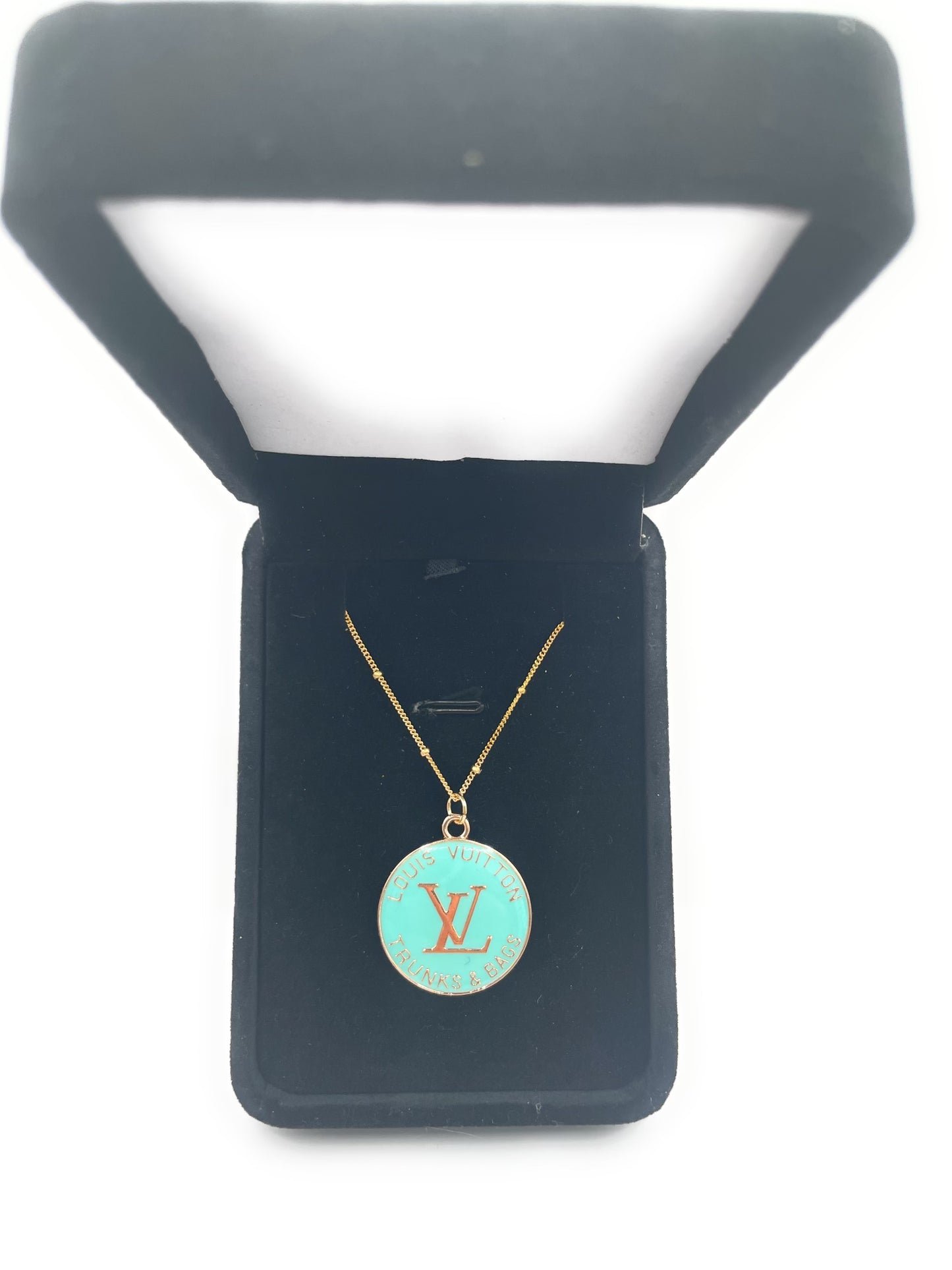 LV TURQUOISE VINTAGE ZIPPER PULL PENDANT ON VERMEIL SATELLITE CHAIN