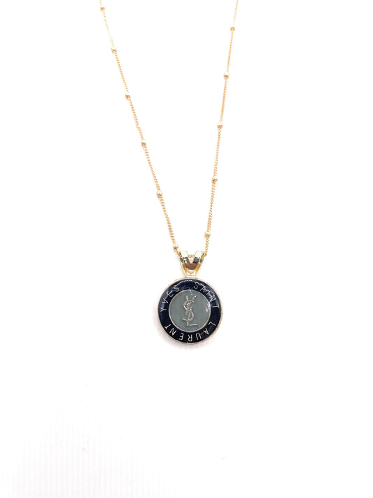 AUTHENTIC YSL GOLD TONE AND BLUE BUTTON NECKLACE