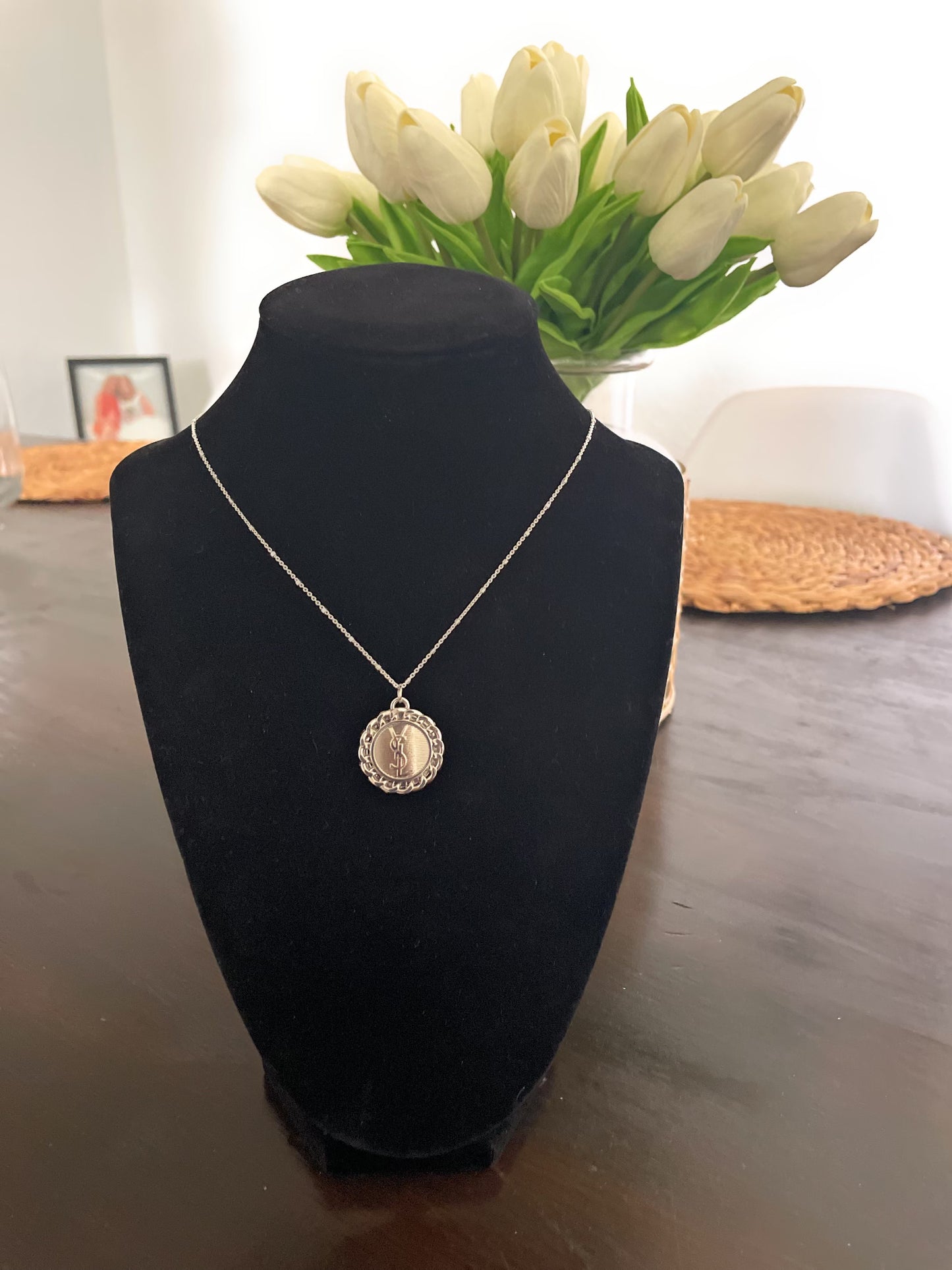 AUTHENTIC YSL SILVER TONE BUTTON NECKLACE