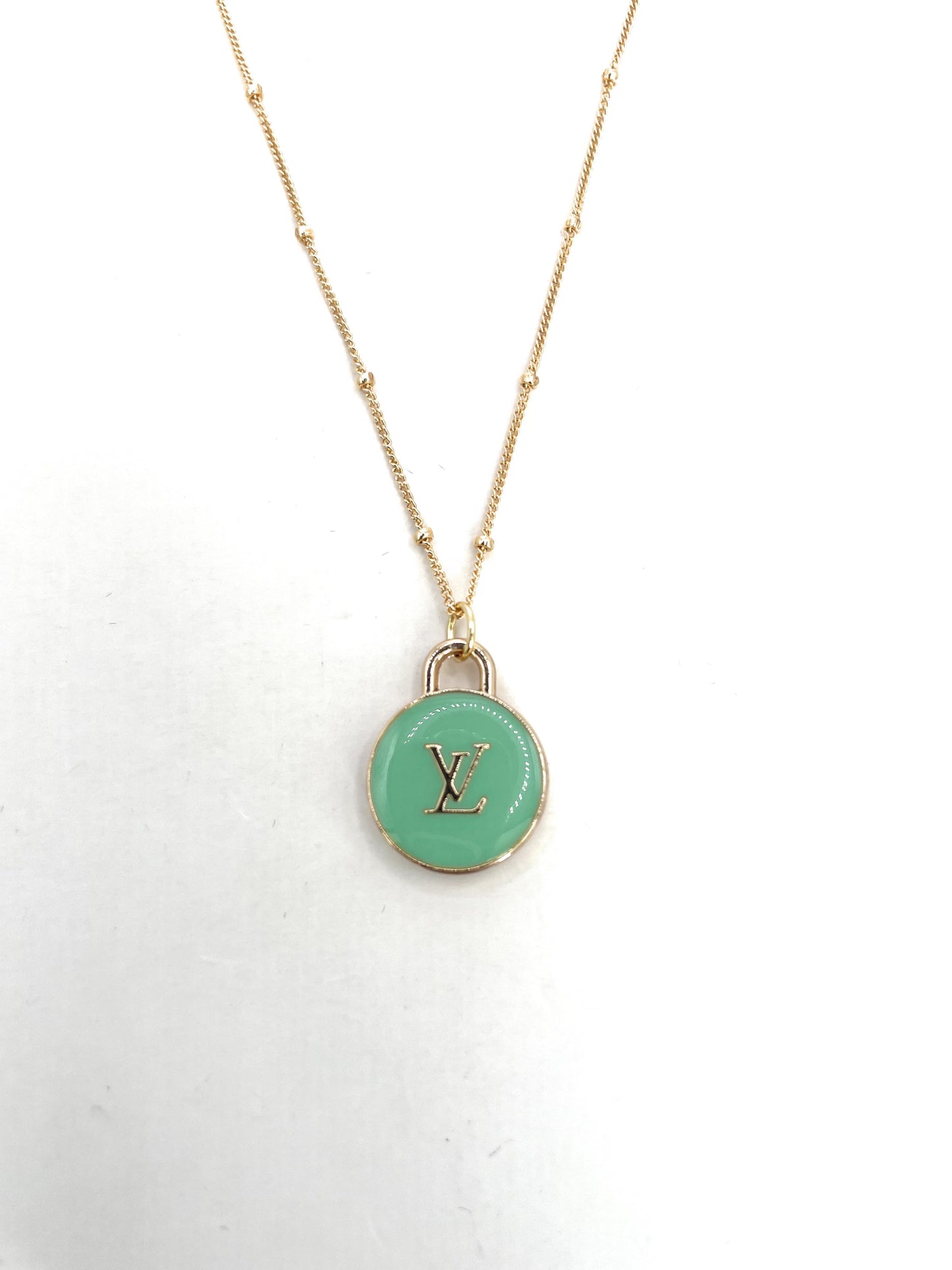 LV SMALL TEAL VINTAGE PASTILLE ZIPPER PULL ON VERMEIL SATELLITE CHAIN