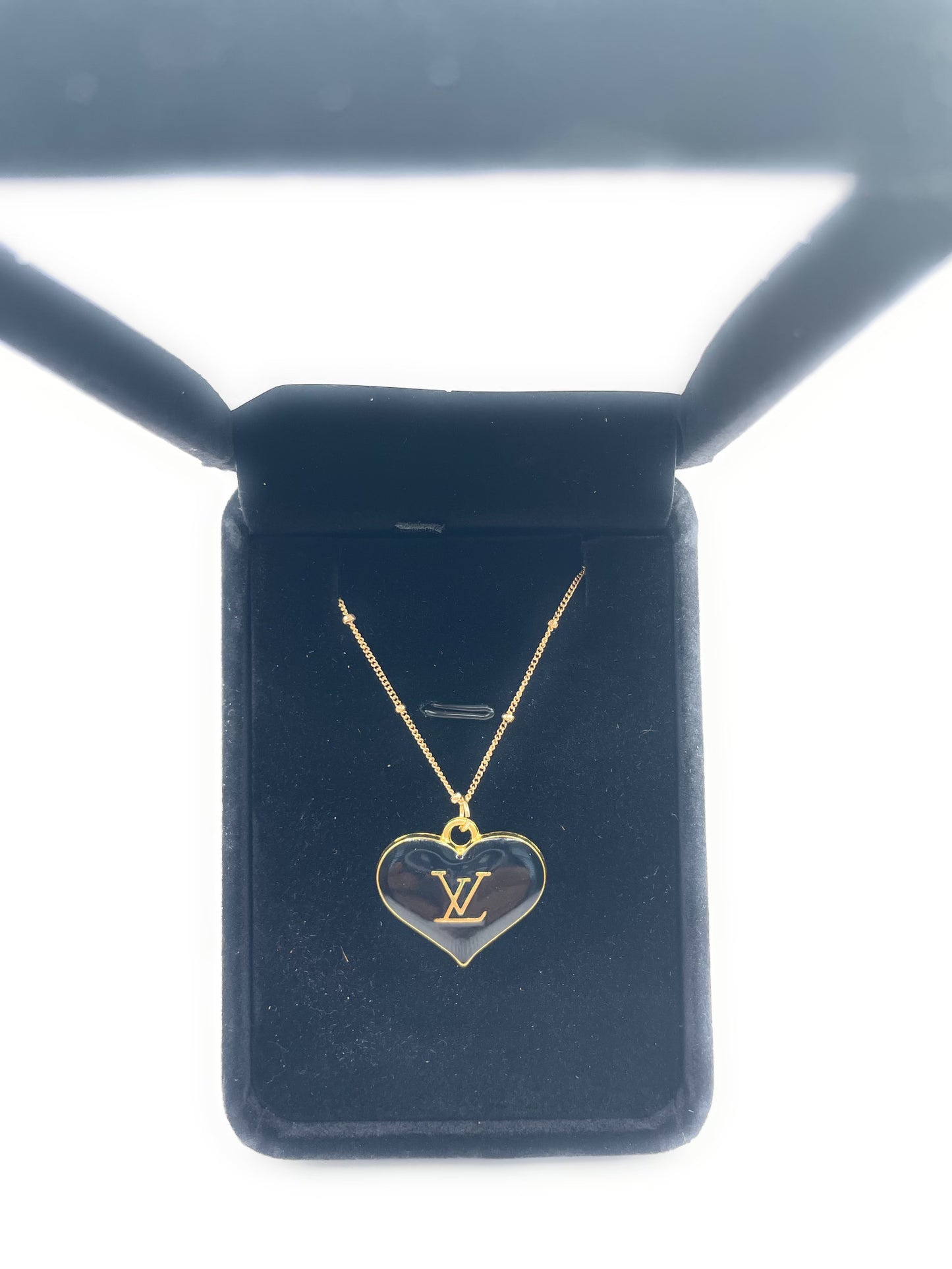 VINTAGE GOLD AND BLACK HEART SHAPE LV LOGO BUTTON REPURPOSED NECKLACE