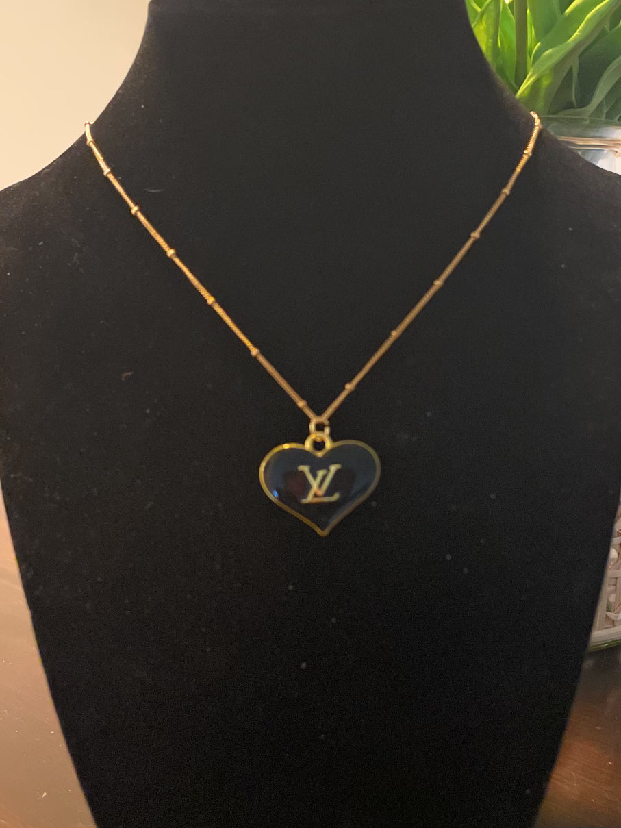 VINTAGE GOLD AND BLACK HEART SHAPE LV LOGO BUTTON REPURPOSED NECKLACE