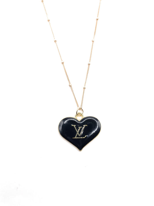 VINTAGE GOLD AND BLACK HEART SHAPE LV LOGO BUTTON REPURPOSED NECKLACE