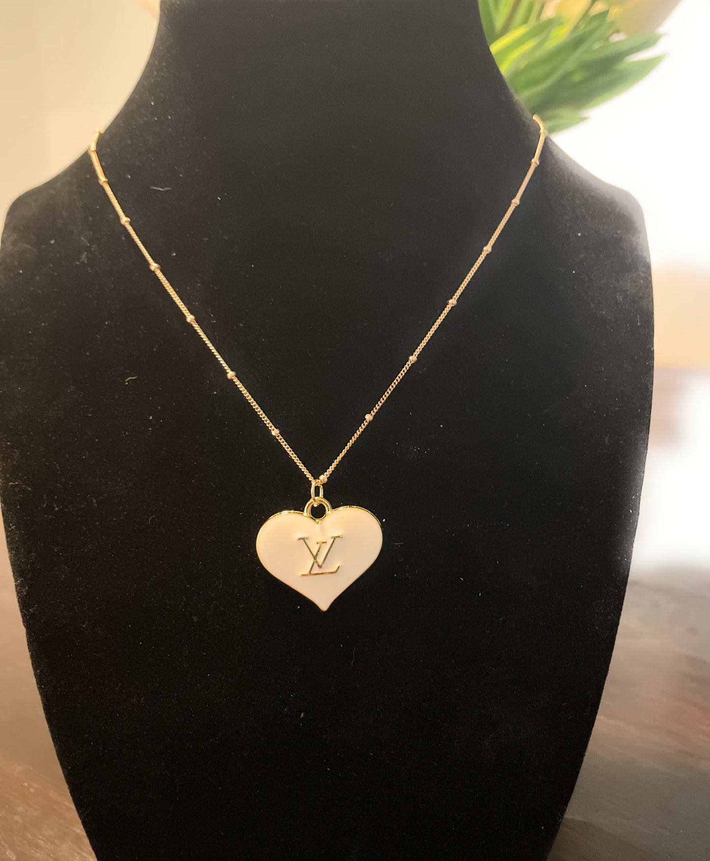 VINTAGE GOLD AND WHITE HEART SHAPE LV LOGO BUTTON REPURPOSED NECKLACE