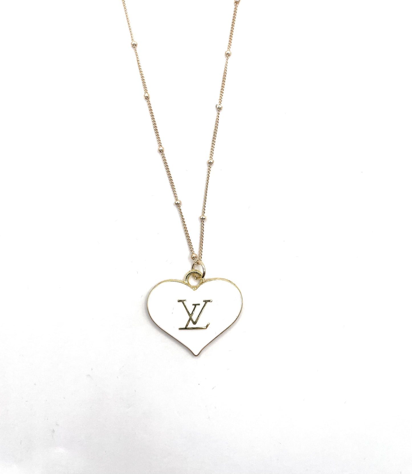 VINTAGE GOLD AND WHITE HEART SHAPE LV LOGO BUTTON REPURPOSED NECKLACE