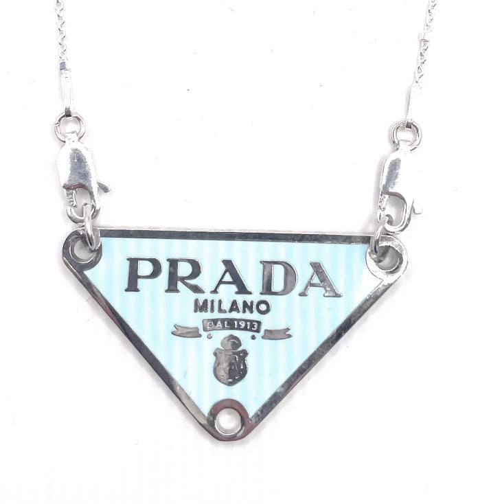 AUTHENTIC PRADA BABY BLUE CHARM BUTTON NECKLACE ON STERLING SILVER CHAIN