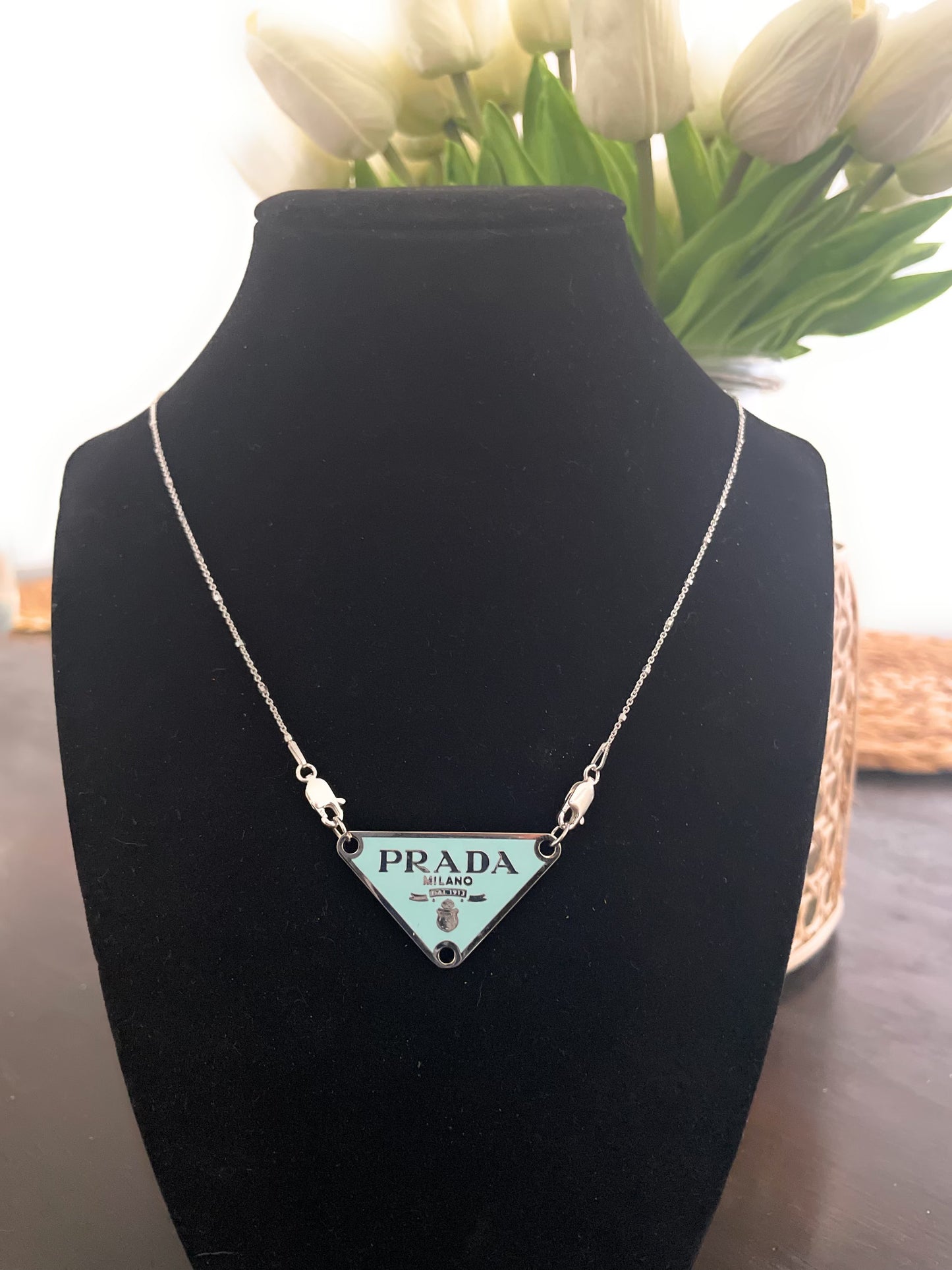 AUTHENTIC PRADA BABY BLUE CHARM BUTTON NECKLACE ON STERLING SILVER CHAIN