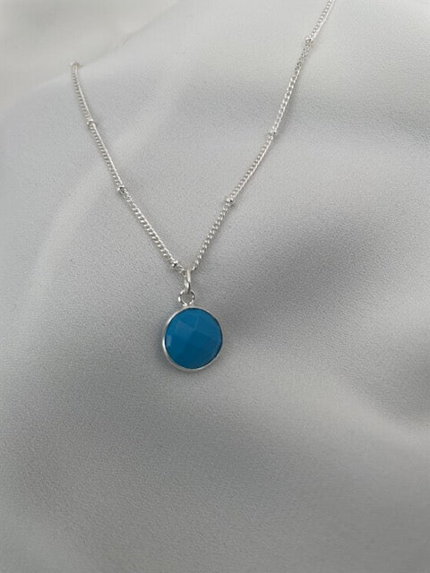 STERLING SILVER  SATELLITE CHAIN NECKLACE WITH ROUND TURQUOISE BEZEL