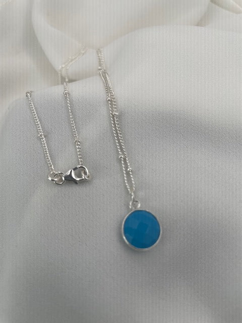 STERLING SILVER  SATELLITE CHAIN NECKLACE WITH ROUND TURQUOISE BEZEL