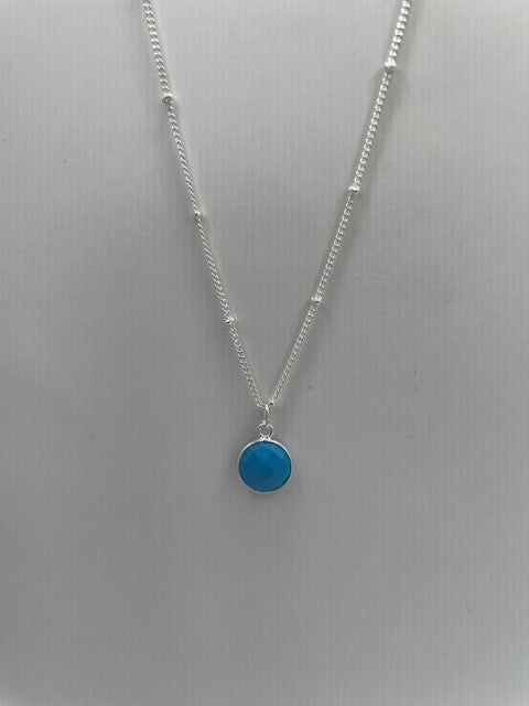 STERLING SILVER  SATELLITE CHAIN NECKLACE WITH ROUND TURQUOISE BEZEL